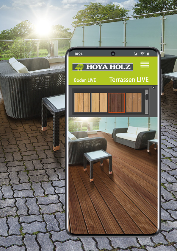 HOYA-Terrassenstudio Appdemo auf Handy vor einer Terrasse